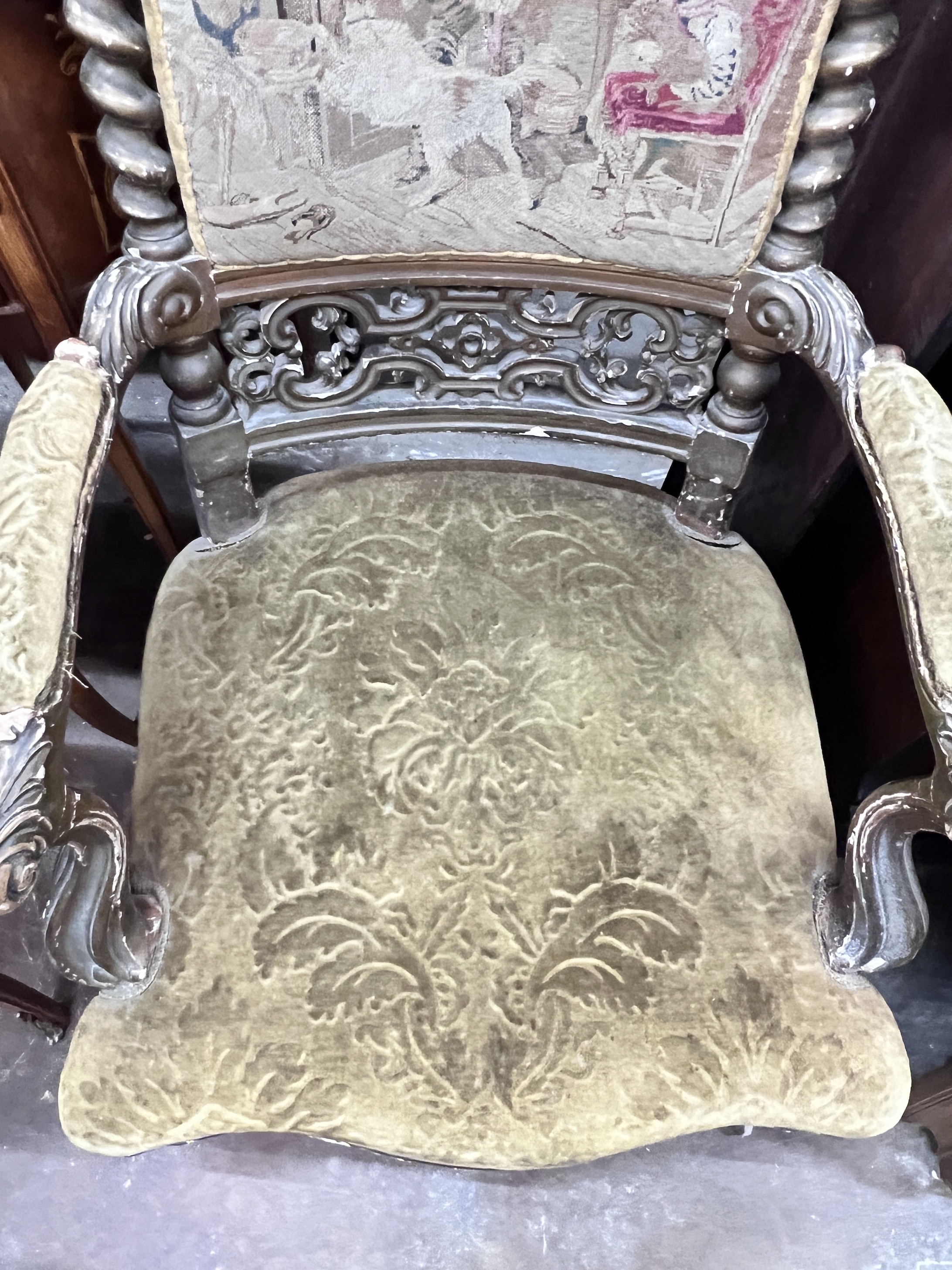 A Victorian carved giltwood and composition tapestry back open armchair, width 54cm, depth 56cm, height 108cm